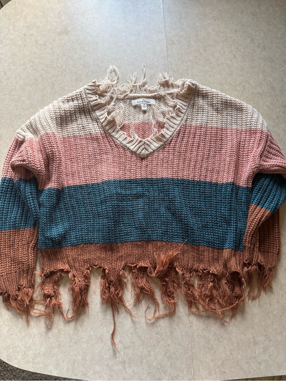Love Tree Colorblock Fringe V-Neck Sweater - Rose, Teal, Rust